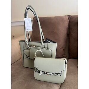 Alyssa 3 Piece Handbag Set Sage Green Tote Crossbody Pouch Vegan Leather NEW